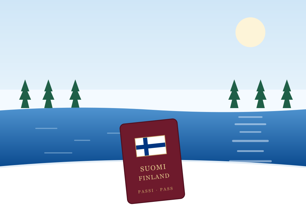 A Finnish passport by a winter lake